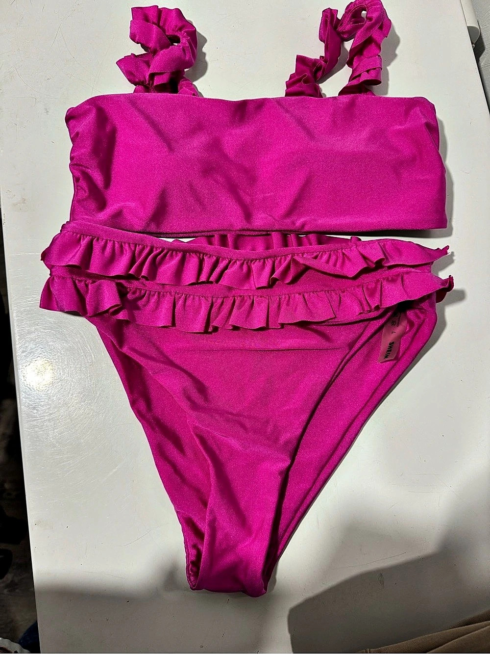 SHEIN Solid Ruffle Trim Bikini Set Pink Large